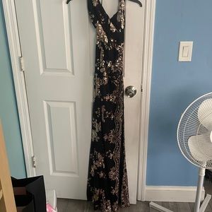 Black prom dress with rose goldish/light brown sequin